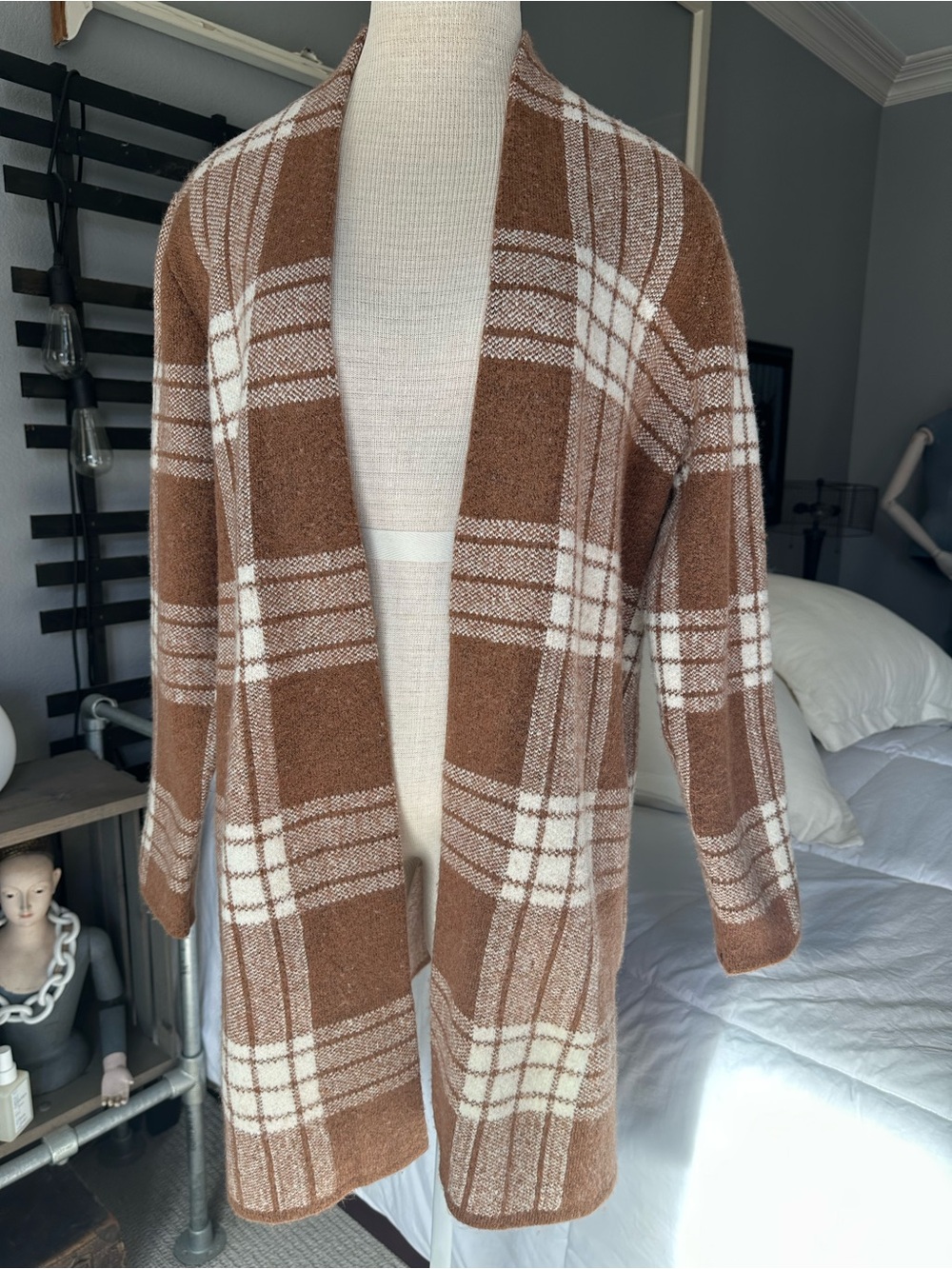 Talbots Plaid Open-Front Cardigan brown and cream size large - Picture 5 of 12